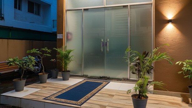 A building entrance with a glass door, potted plants, and a blue mat. - Via Sunset Residency (Navi Mumbai)