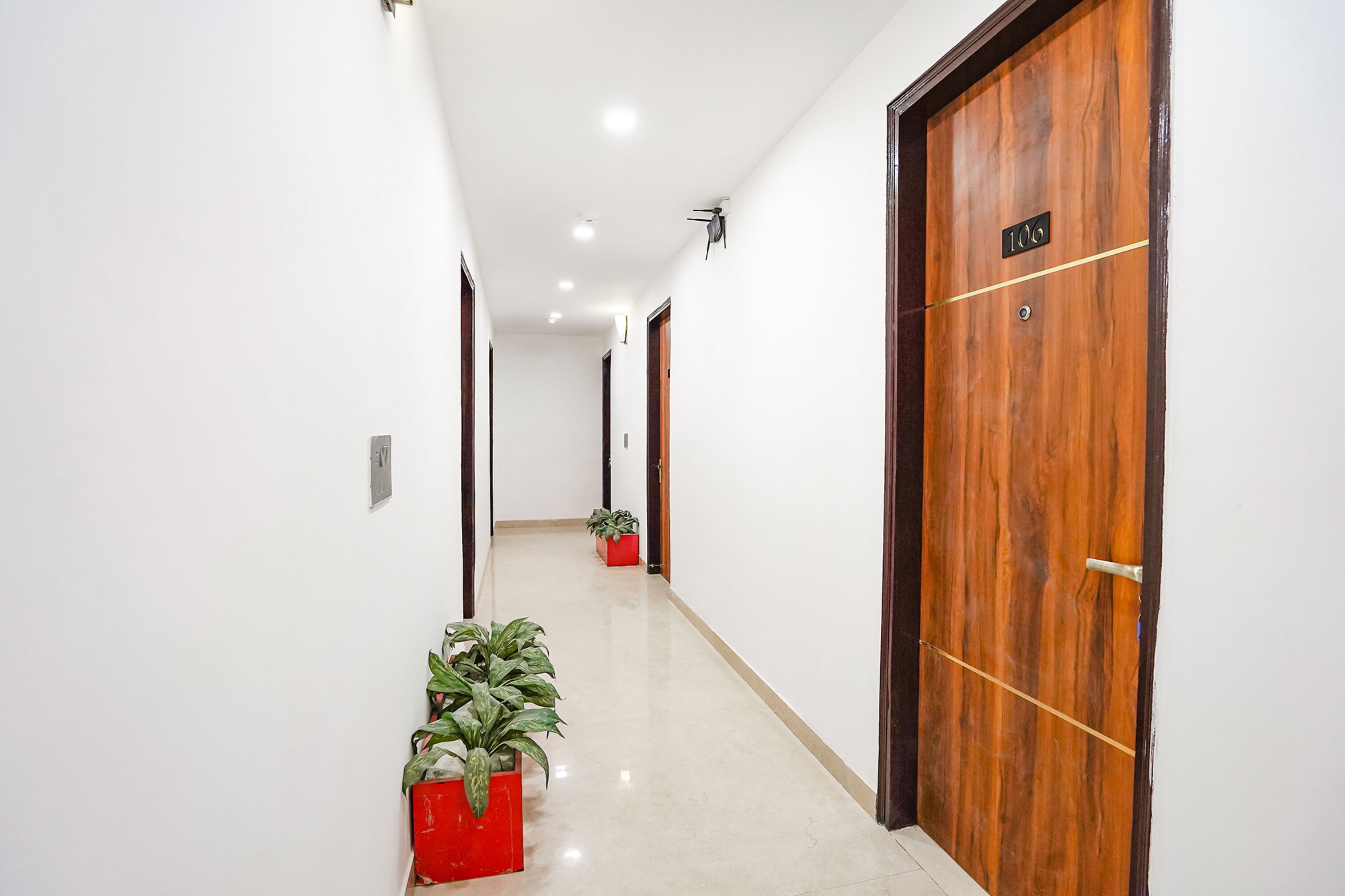 Un couloir avec une porte en bois portant le numéro « 106 », des plantes en pot et un sol carrelé.