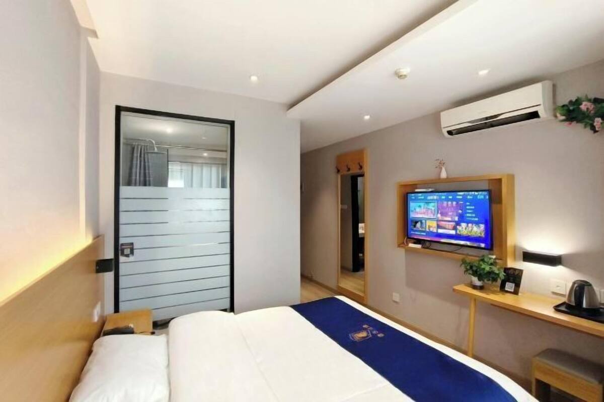 A hotel room with a bed, a TV, an air conditioning unit, and a desk with a plant.