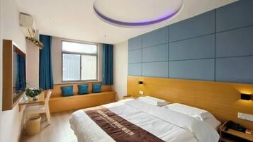 Desk, blackout drapes, bed sheets