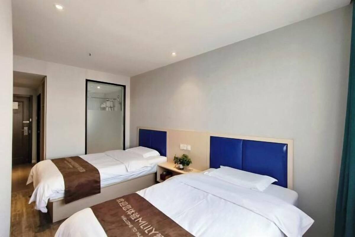 A hotel room with two beds, a small bedside table with a plant, and a large mirror on one wall.