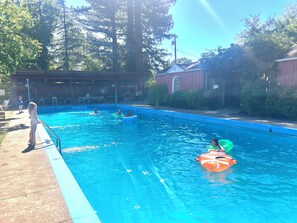 A swimming pool with clear blue water, surrounded by trees and a covered area with tables and chairs. - Historic Ridgewood Ranch • Charming Guest Cottage (Willits)
