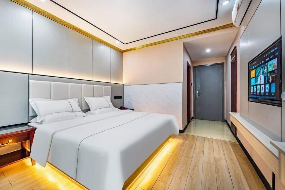 Una habitación de hotel moderna con una cama grande, un armario empotrado y un televisor montado en la pared.