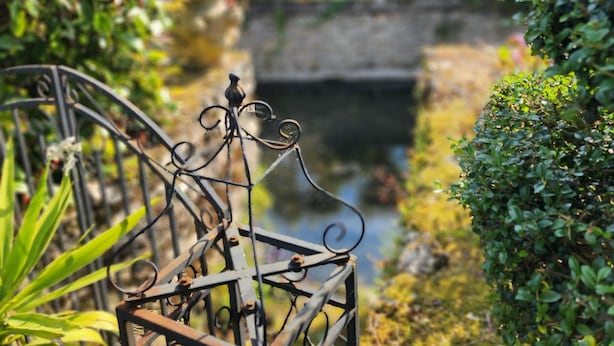 Ein Garten mit einem Metallzaun, einem schmalen Wasserlauf und üppigem Grün.