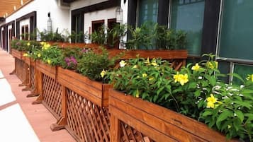 A row of wooden planters with various plants and flowers along a building's exterior.