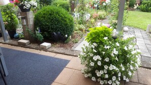 Ein Garten mit verschiedenen Pflanzen und Blumen, einem Kiesweg und einem Gebäude im Hintergrund.