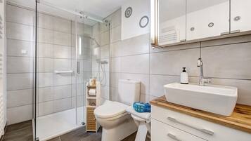 Shower, hair dryer, towels