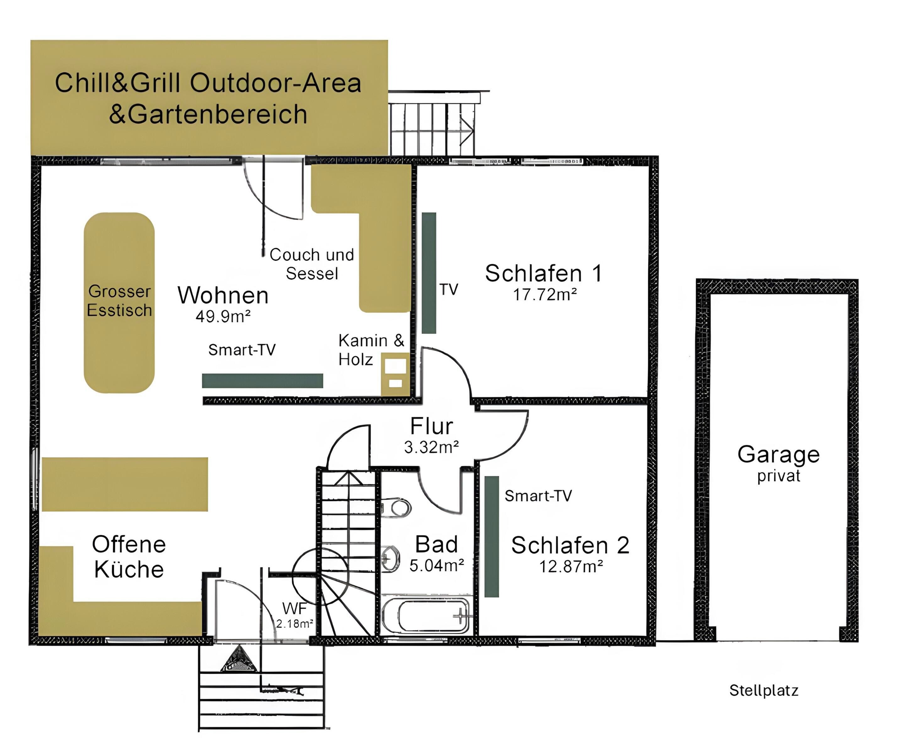Plan d’étage d’un hôtel comprenant un espace extérieur « Chill & Grill » avec jardin, deux chambres, un garage privé et une cuisine.