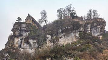 A castle on a rocky cliff with a triangular tower, surrounded by trees and vegetation.