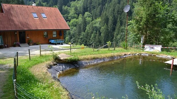 A wooden building with a red roof, a small pond, and a forested hillside in the background.