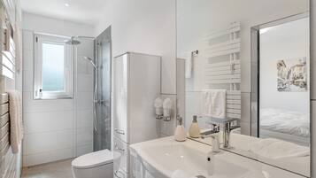 Shower, hair dryer, towels