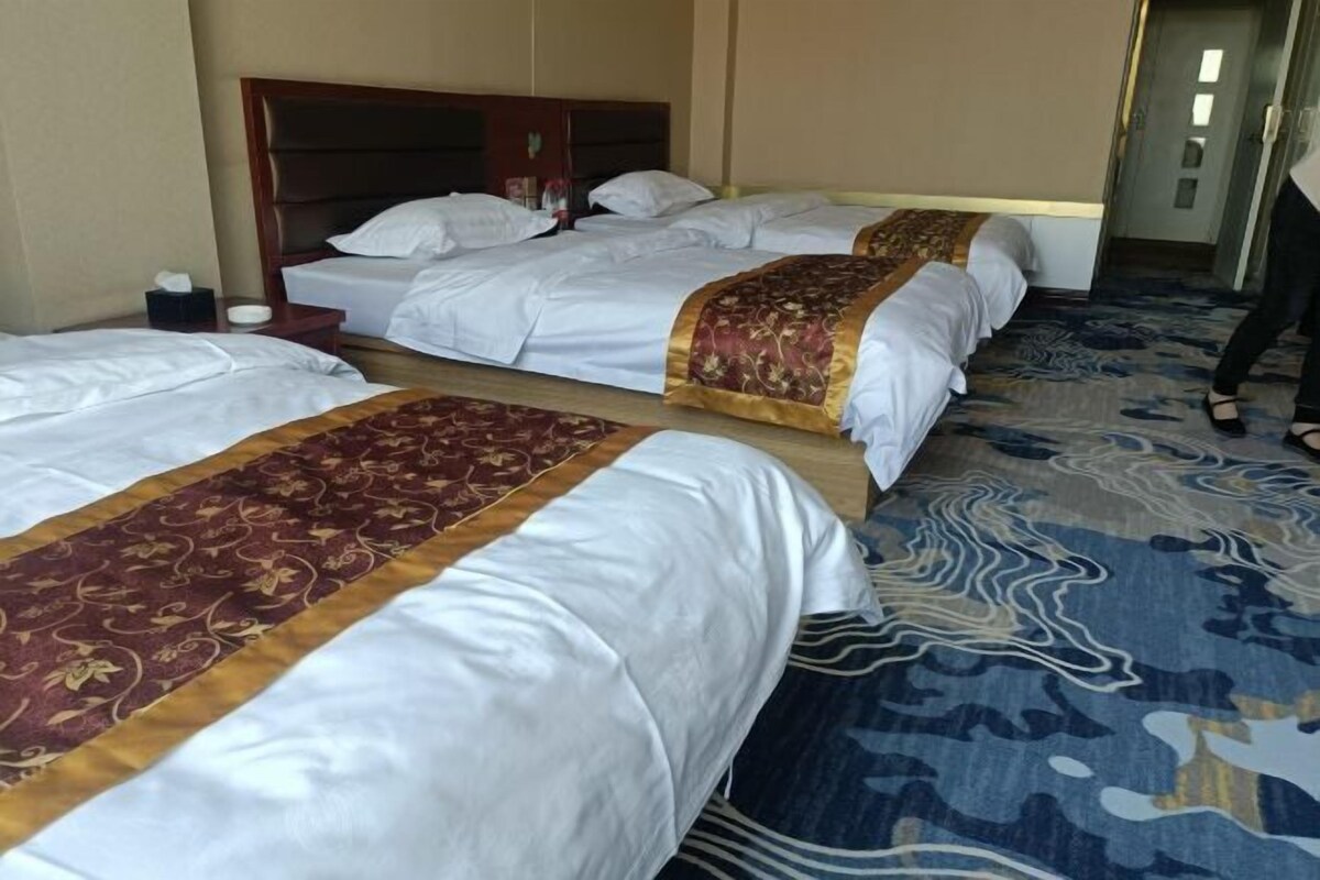 Une chambre d’hôtel avec deux lits, une tête de lit, une table de chevet et une moquette à motifs.