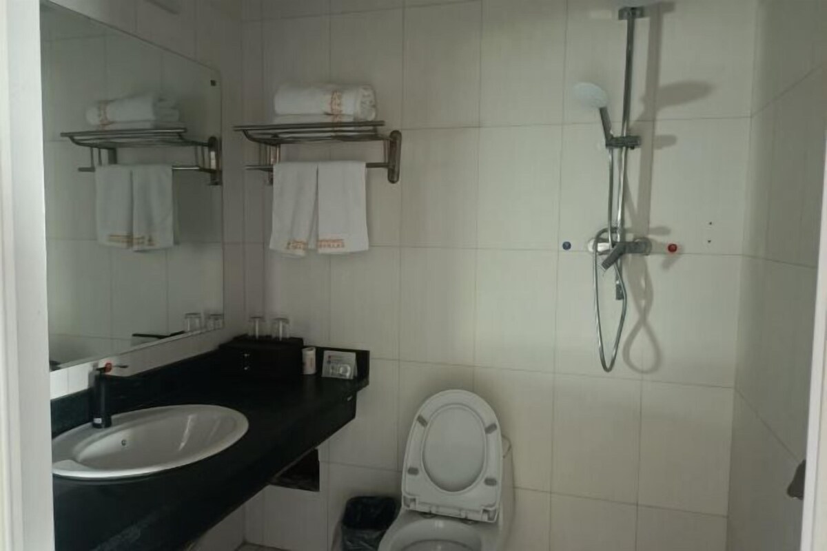 Une salle de bain avec un lavabo blanc, des toilettes, une douche et un miroir.