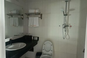 Une salle de bain avec un lavabo blanc, des toilettes, une douche et un miroir.