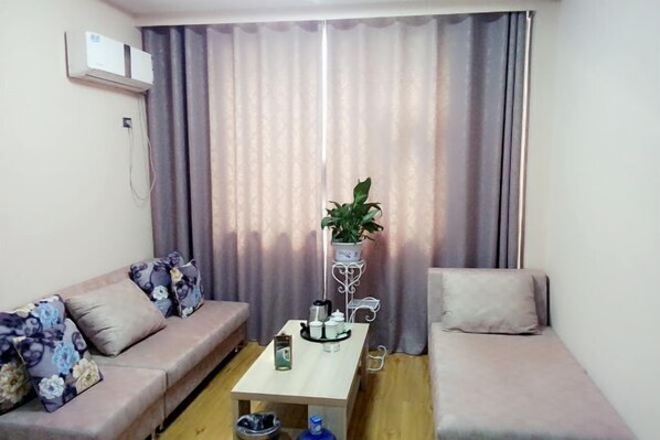 Un salon avec un canapé, une table basse, une plante en pot et un rideau.