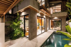 Una casa moderna con piscina, ventanas amplias y plantas de interior.