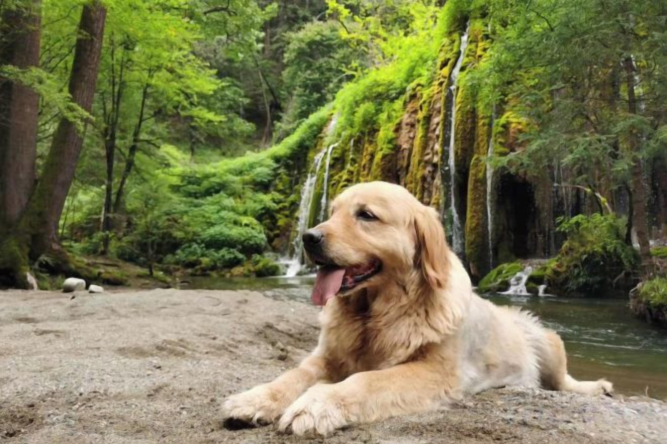 A dog lying on a sandy area with a forest and a waterfall in the background.
