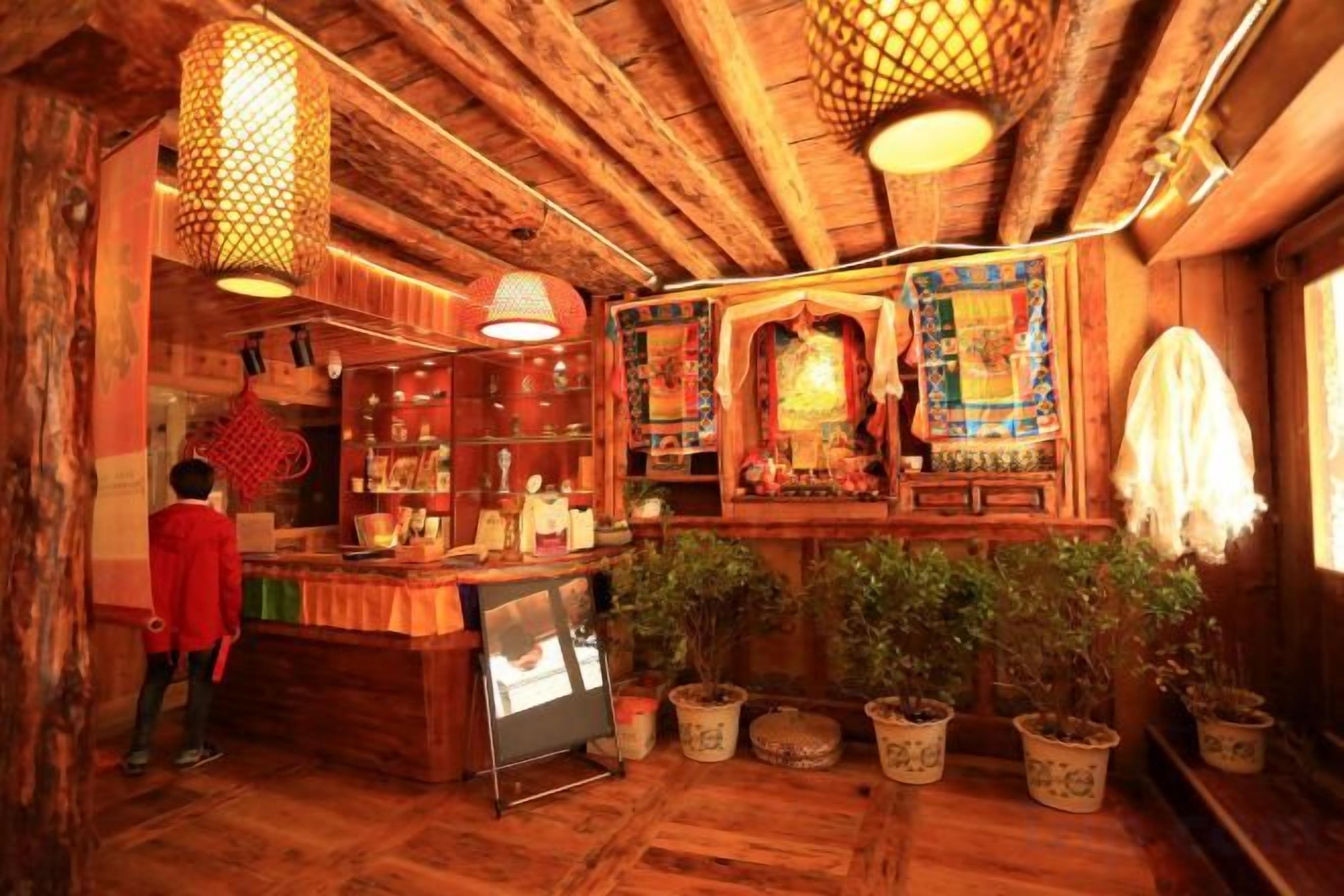 Interior rústic amb bigues de fusta, zona de bar i plantes en testos.