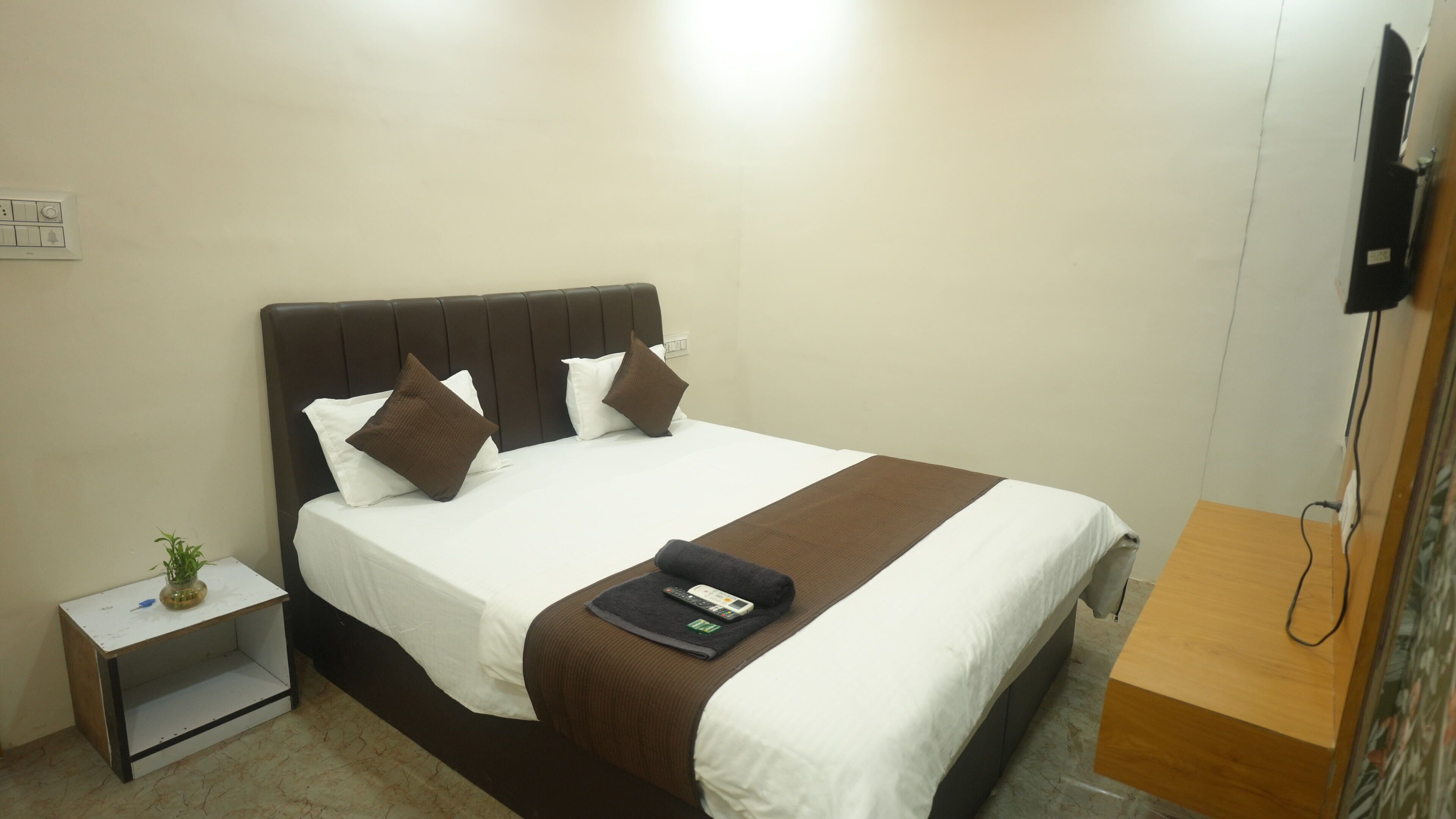 Une chambre d’hôtel avec un lit, une table de chevet, une petite plante et un téléviseur fixé au mur.