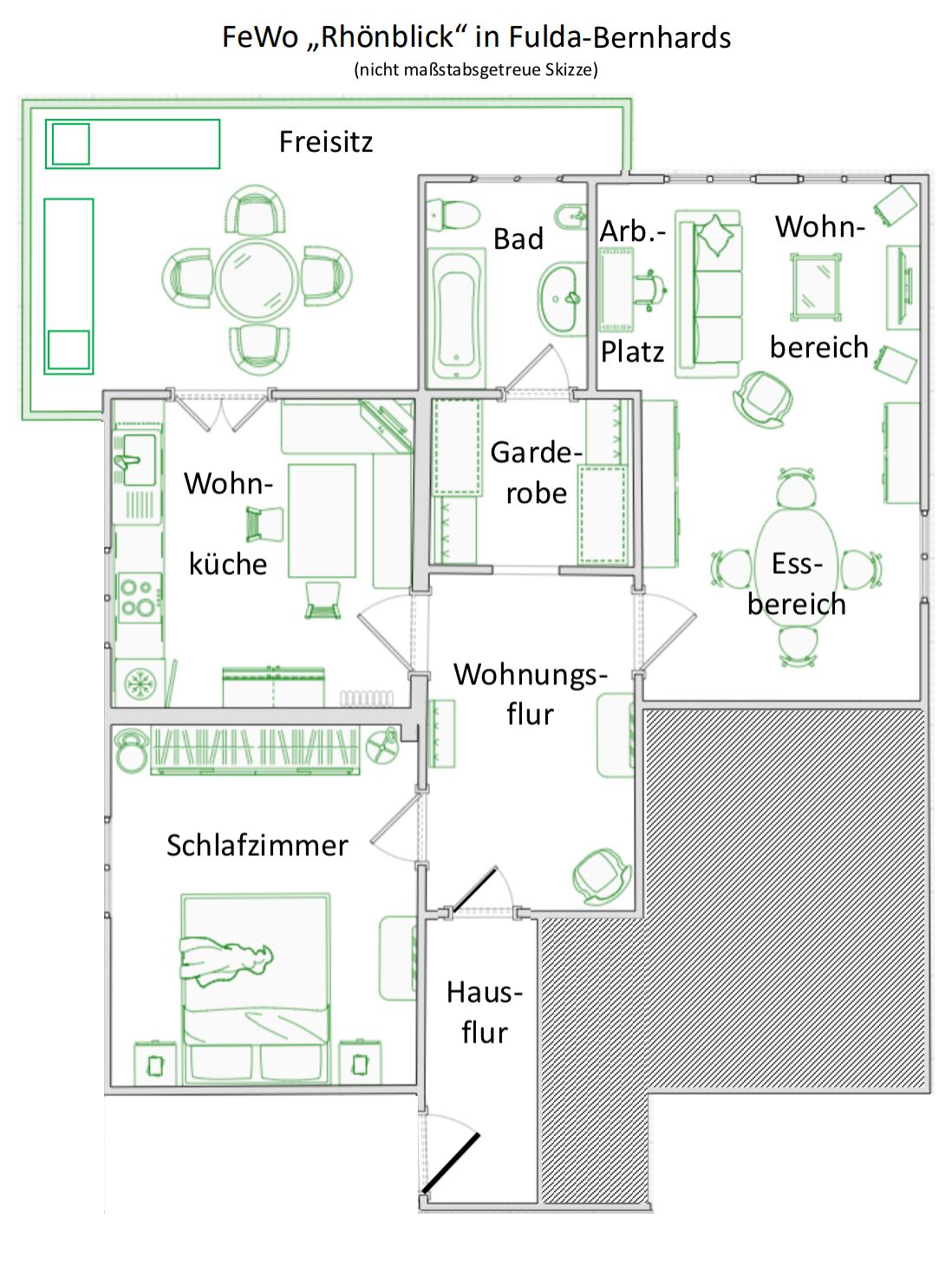 A floor plan of a hotel with labeled rooms including a living room, bedroom, bathroom, and kitchen.