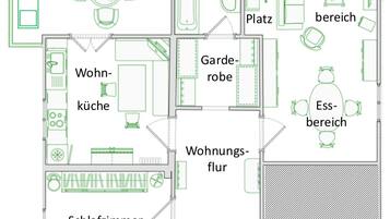 A floor plan of a hotel with labeled rooms including a living room, bedroom, bathroom, and kitchen.
