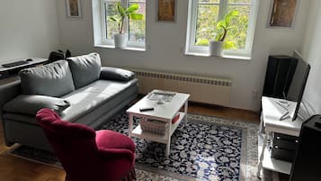 Smart-TV, DVD-Player, Bücher, Stereoanlage