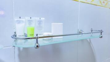 Shower, towels, soap, shampoo