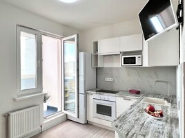 Großer Kühlschrank, Mikrowelle, Ofen, Herdplatte