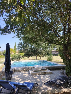 Une piscine avec des chaises longues et un parasol, entourée d’arbres et sous un ciel dégagé.