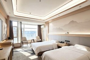 A hotel room with two beds, a desk, a chair, and a large window. - Jinhai Hyatt Hotel Linyi (Linzhang)