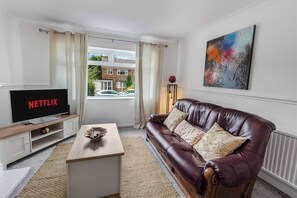 Smart TV, fireplace, books