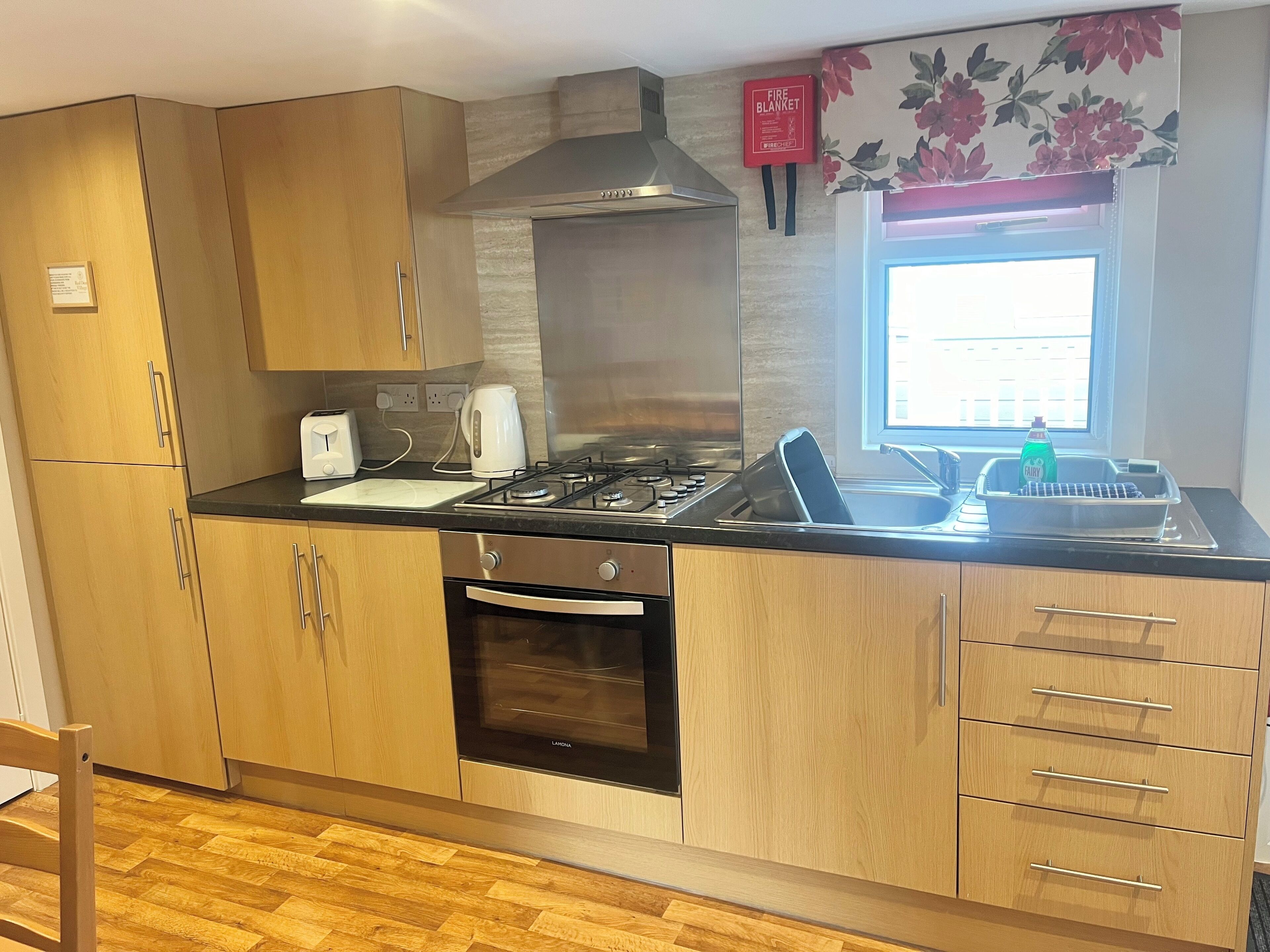 Fridge, microwave, oven, electric kettle