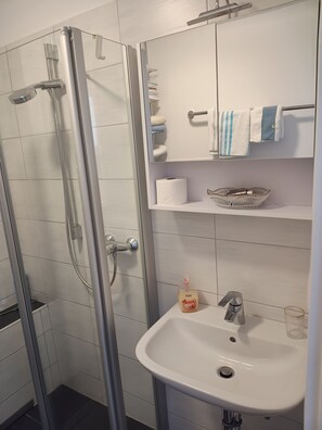 Ducha, secador de pelo, toallas, jabón