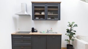A compact kitchen with dark cabinets, a stainless steel range hood, a sink, and a potted plant. - Exclusive apartment “Tony”
Modern living for up to 6 people in a prime location (Küssaberg)