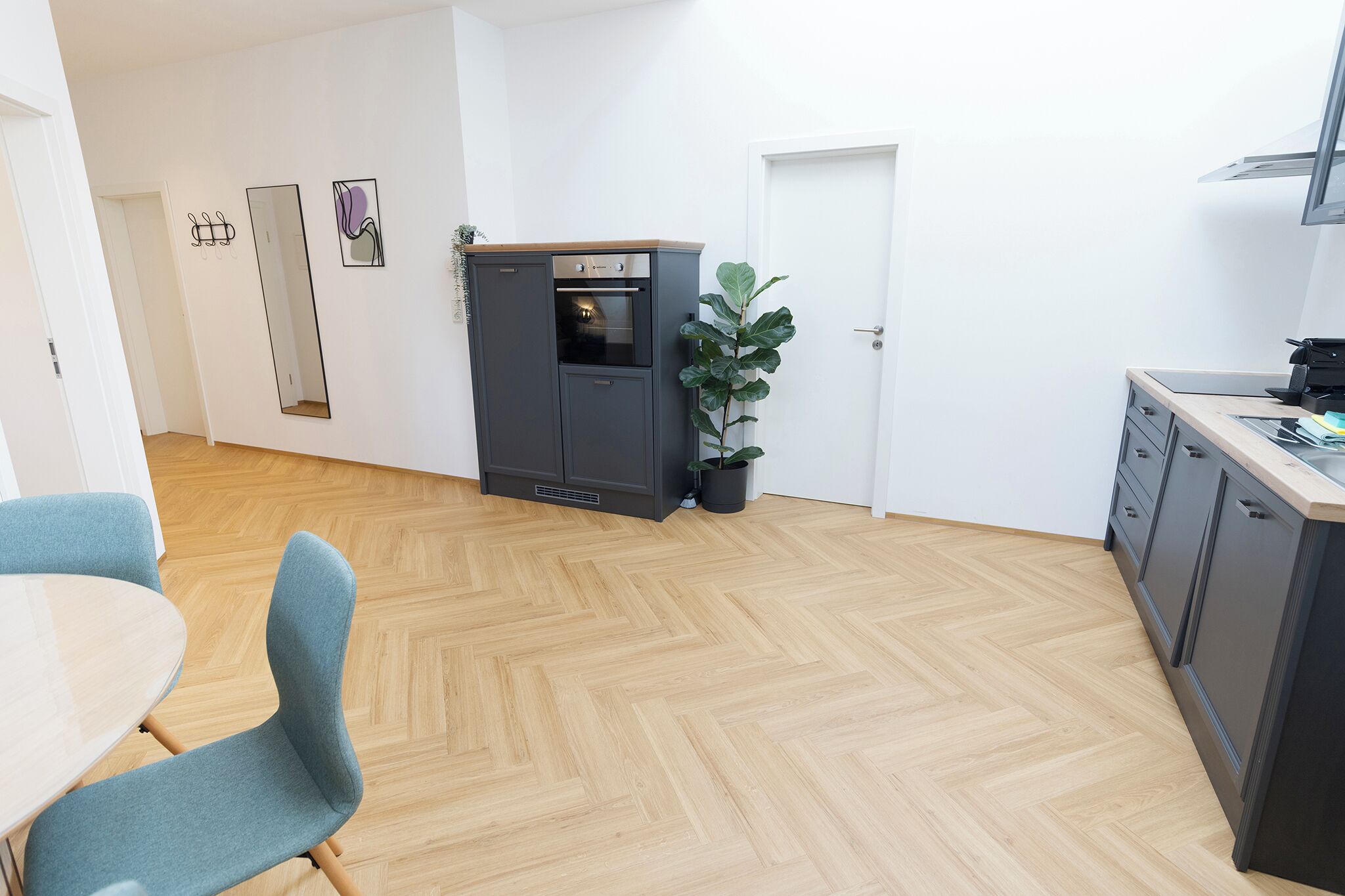 Eine moderne Küche mit Einbauofen, kleinem Kühlschrank und einer Topfpflanze.