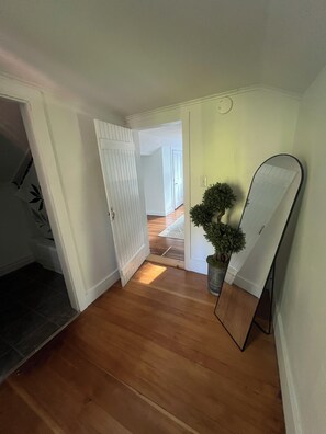 Een hal met houten vloer, een witte deur en een potplant.