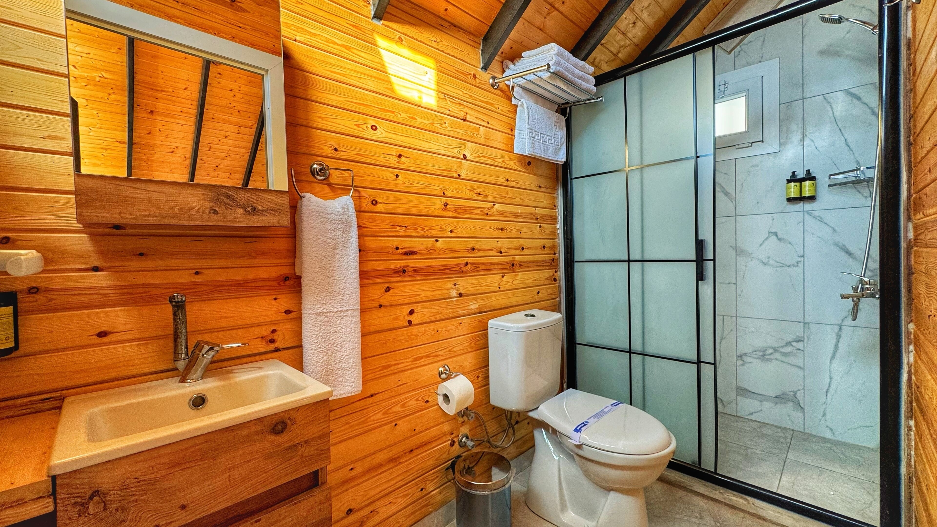 A wooden cabin bathroom with a sink, toilet, and glass shower enclosure.