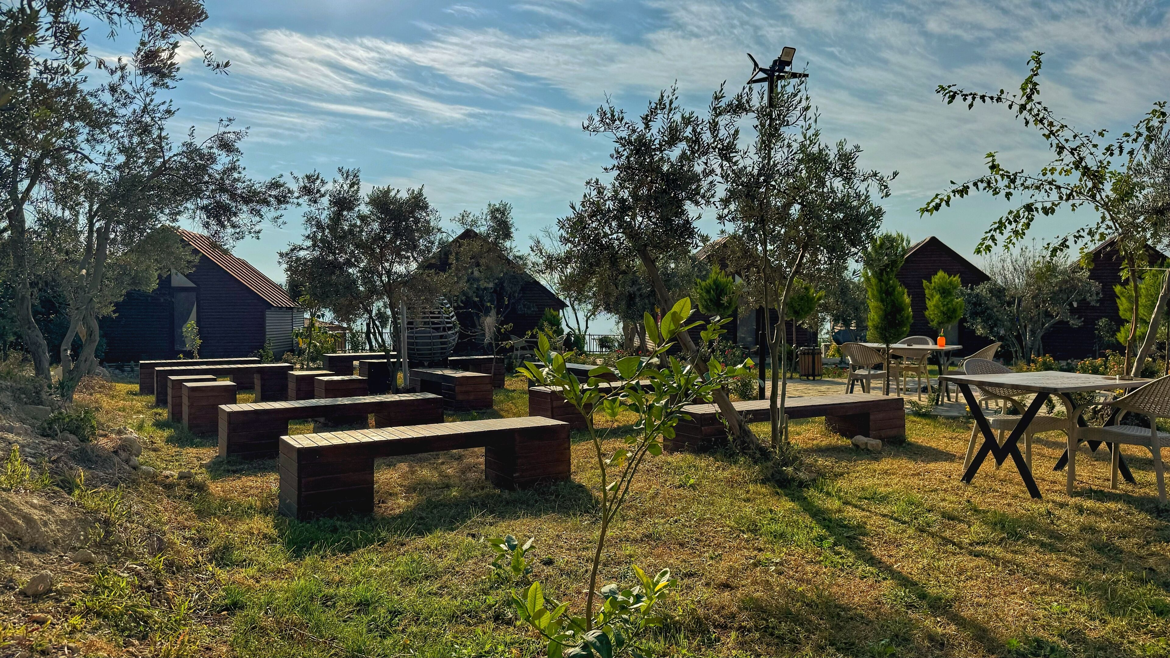 Un espacio al aire libre rústico con bancos y mesas de madera, rodeado de árboles y cabañas pequeñas.
