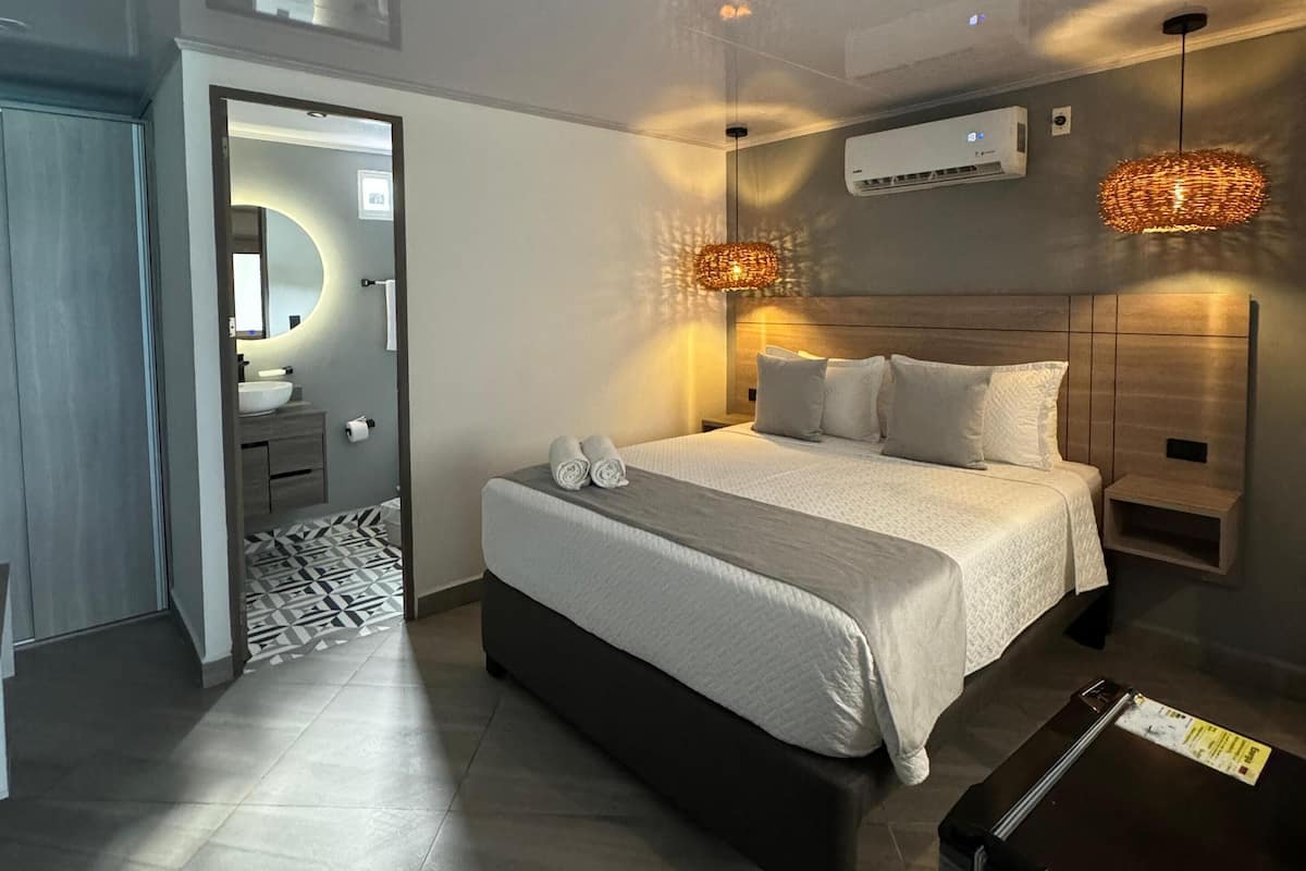 Quarto de hotel moderno com uma cama grande, mesas de cabeceira, roupeiro embutido, banheiro com espelho e pia, e ar condicionado.