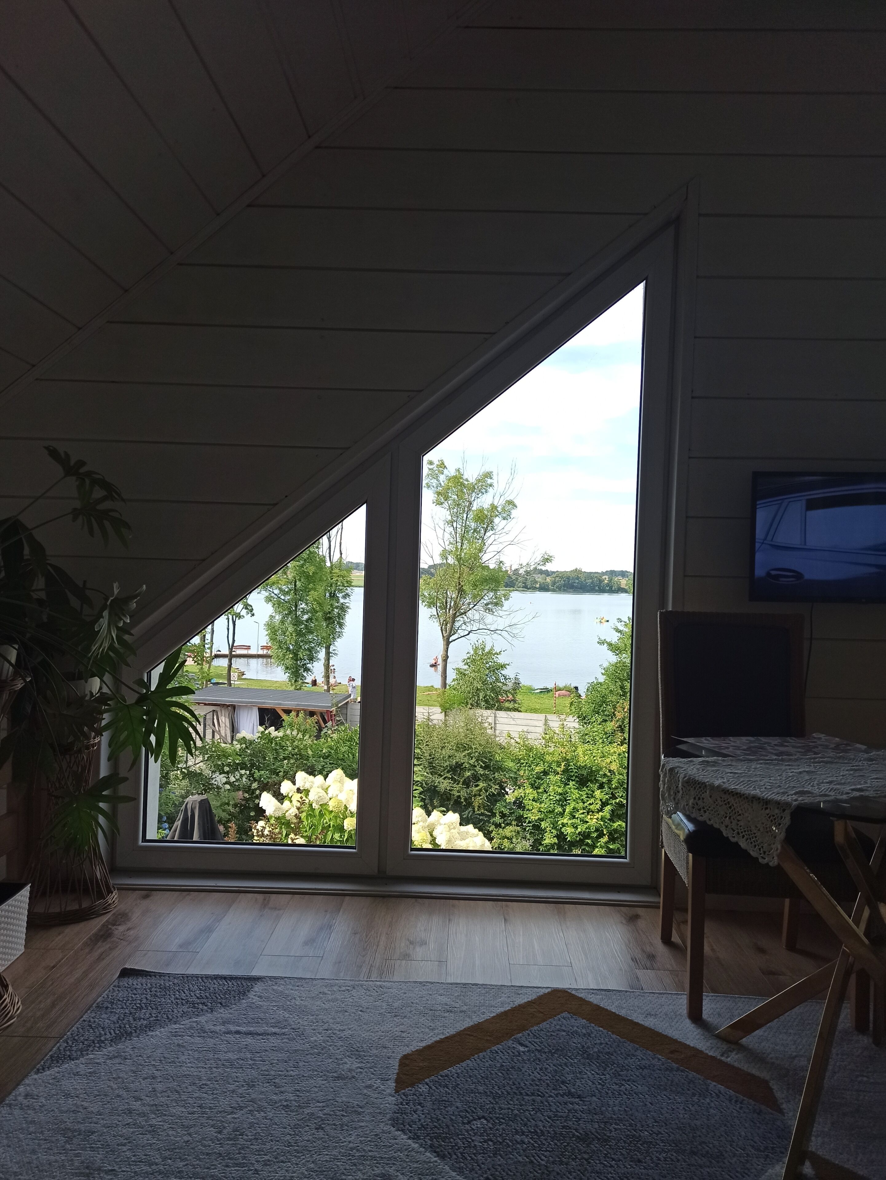 A room with a large window, a television, and a wooden floor.