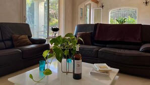 Een woonkamer met twee donkere banken, een witte salontafel, een fles wijn en een plant.