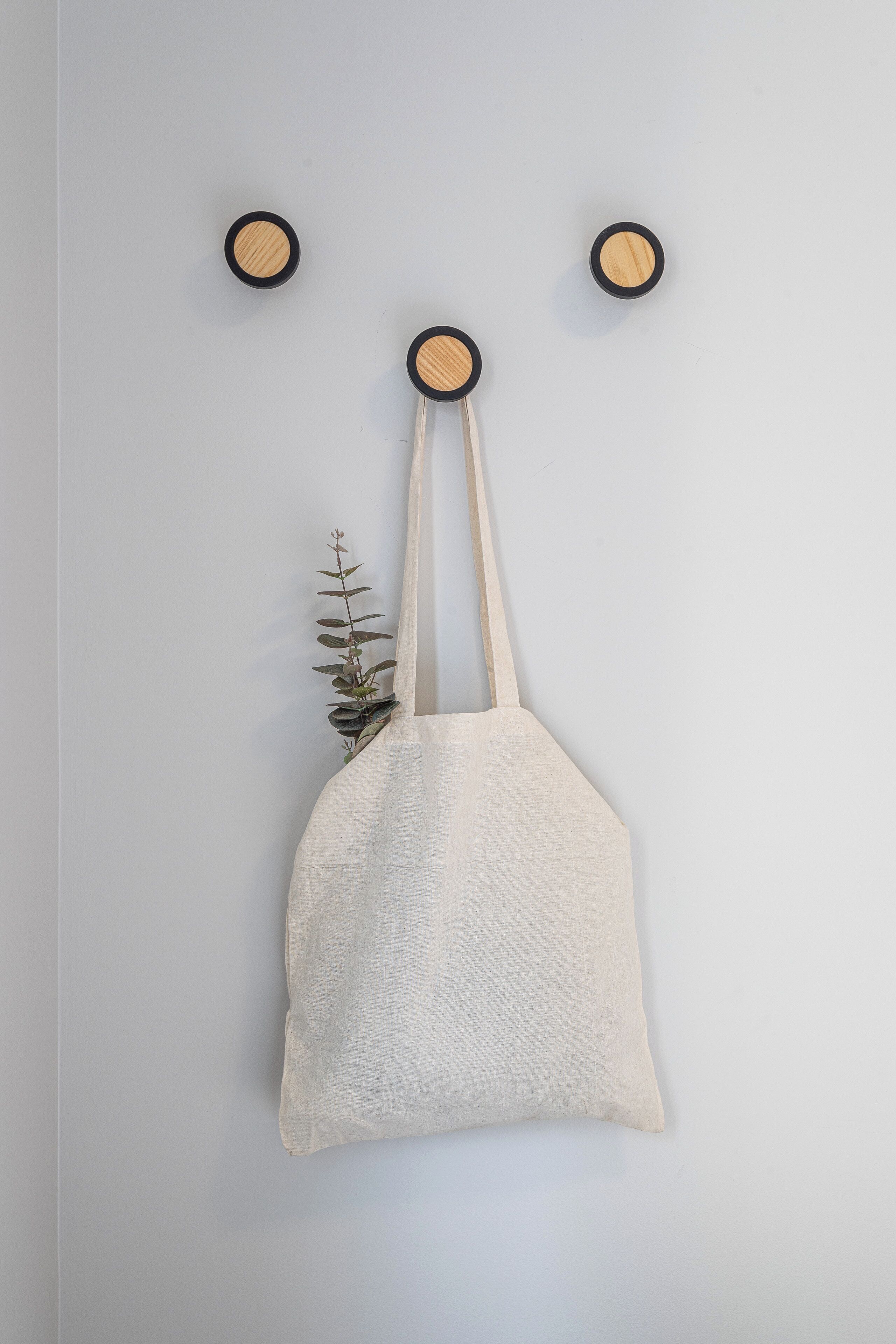 A plain wall with three circular wall hooks and a hanging beige bag with a plant.
