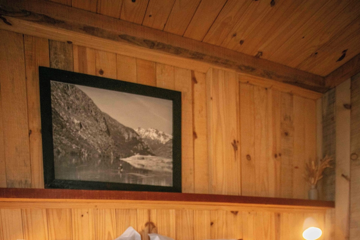 A wooden-paneled room with a bed, pillows, a nightstand with a lamp, and a framed picture on the wall.