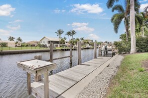 A wooden dock extending into calm water, surrounded by palm trees and a residential area with houses.