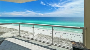 A balcony with a view of a beach and ocean. - Beautiful 3 Bed, 2 Bath Gulf Front Condo/Free Platinum Beach Service! (Pensacola Beach)