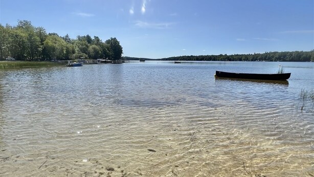 Ein ruhiger See mit klarem, seichten Wasser, ein Boot am rechten Ufer und bewaldete Uferlinie.