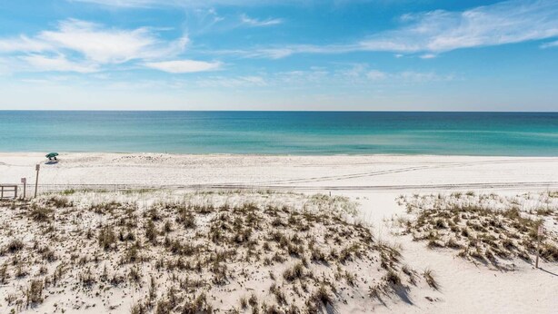Ein Strand mit weißem Sand, vereinzelter Vegetation, blauem Himmel und ruhigem Meer.