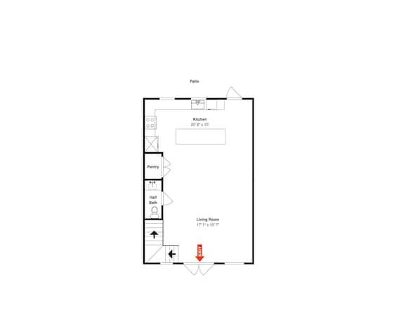A floor plan of a house with a patio, kitchen, pantry, half bath, and living room.