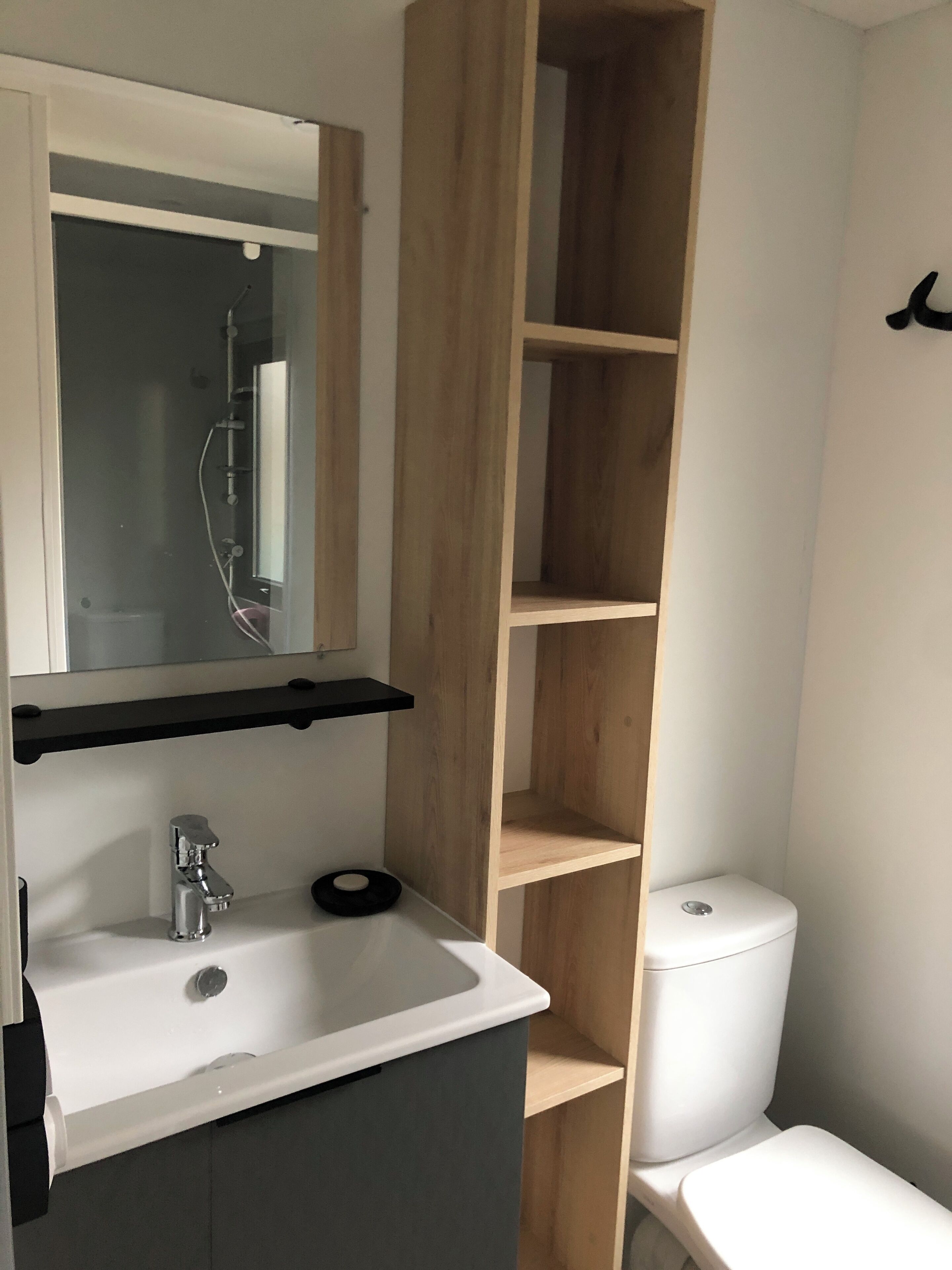 A bathroom with a white sink, a mirror above it, a wooden shelf unit, and a toilet.