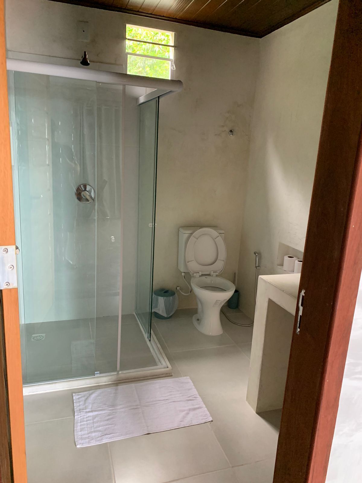 Casa de banho com chuveiro de vidro, sanita e lavatório.